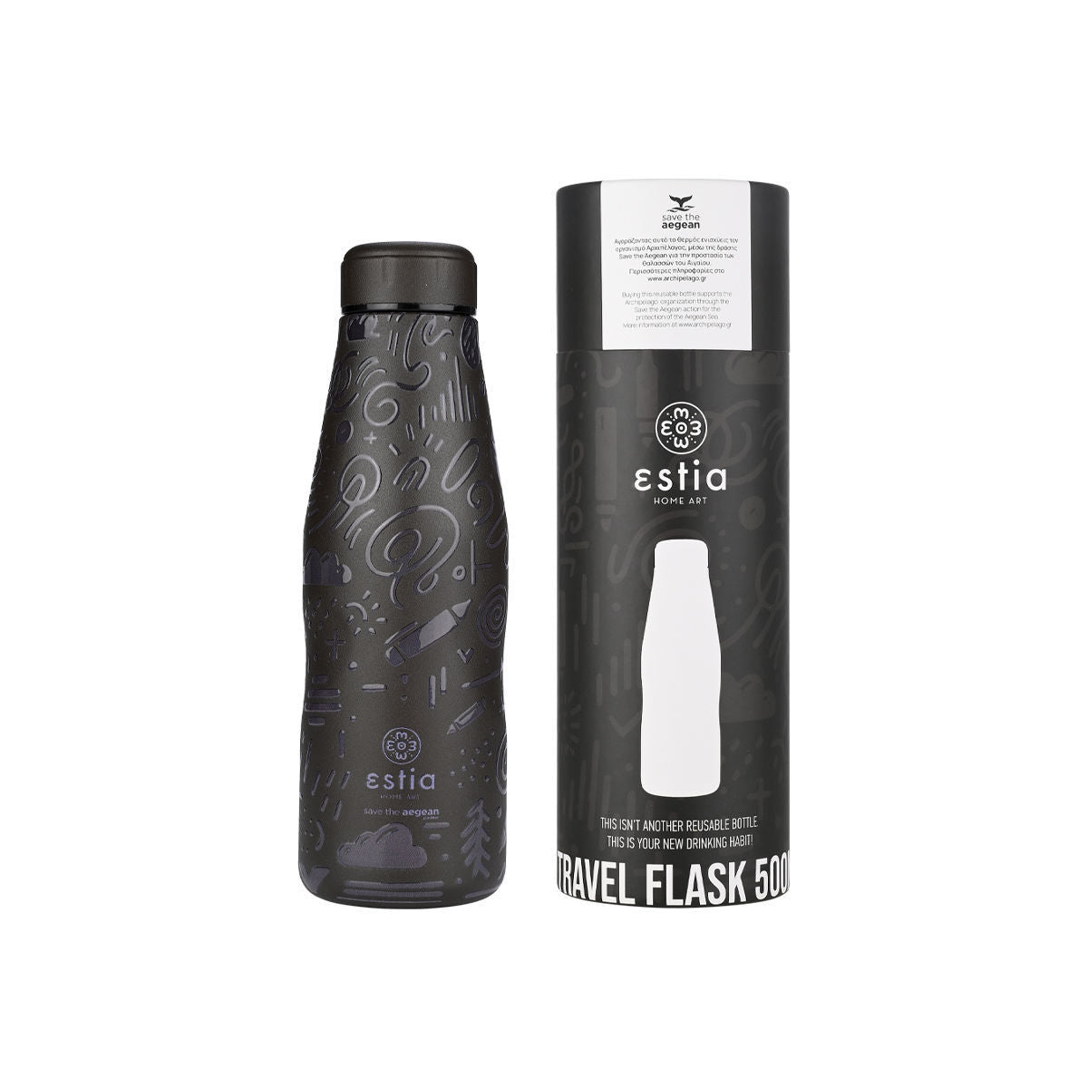 Estia Θερμός Travel Flask Save The Aegean 500ml Noir Echo